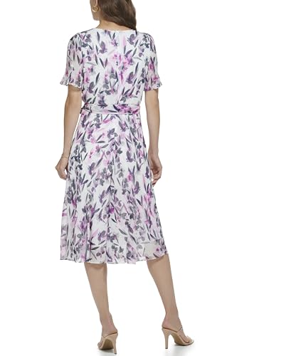 Image of DKNY Women's Flutter Sleeve Round Neck Waist Tie Midi Dress