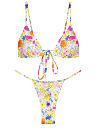 Image of OWICA Women's Sexy Triangle Bikini Sets Cheeky Thong Swimsuit Adjustable Spaghetti Straps Bathing Suit