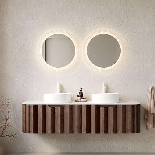 Image of KEIKI 60 inch Floating Bathroom Vanity with Sink, Double Basin Wall Vanity Cabinet with Curved Edges, 2 Soft-Close Drawers, Pre-Assembled Bathroom Storage Vanity, Walnut