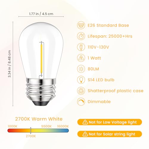 Svater Replacement Bulbs for Outdoor String Lights, 15 Pack S14 LED Bulbs for Patio, E26 Base 1W Bulb Equal to 11W Incandescent, Dimmable,Shatterproof 2700K Warm White