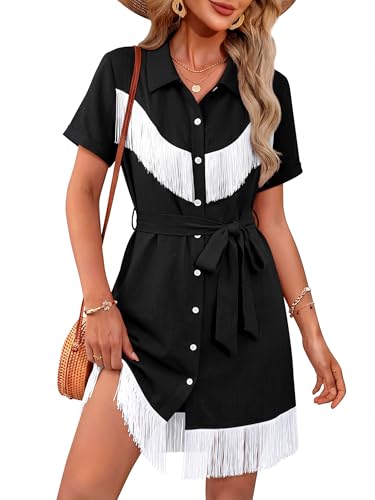 MYMORE Womens Western Cowgirl Fringe Dress Country Style Short Sleeve Button Down Tassel Mini Dresses Cowboy Rodeo Nashville Country Concert Outfits Wear Clothes Costume Black L