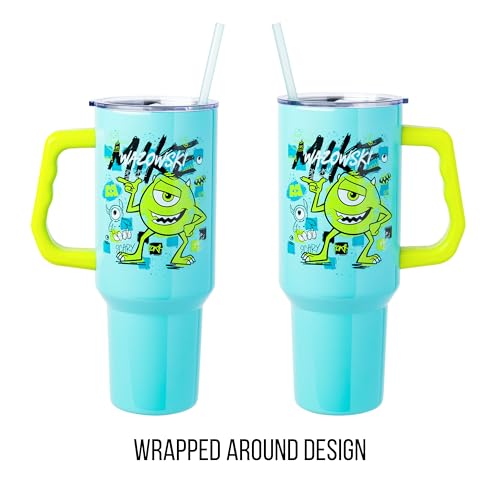Image of Silver Buffalo Disney Pixar Monsters Inc. Double Walled Stainless Steel Tumbler with Handle Featuring Mike Wazowski, Fits in Standard Cup Holder, 40 Ounces