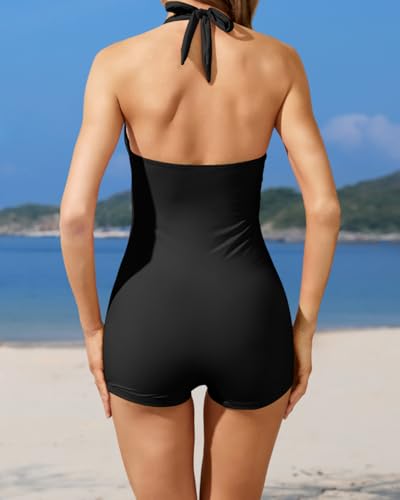 Image of Tempt Me Women Tummy Control One Piece Swimsuits with Shorts Boyleg Retro Bathing Suit Halter Swimwear