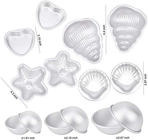 14Pcs Bath Bomb Moulds, DIY Fizzies Bomb mold in 7 Shape Hemisphere Conch Scallop Heart Starfish, Aluminum Alloy Craft Ball Hollow Ball Fillable with 50Pcs Organza Bags, for Handmade Soaps & Cake