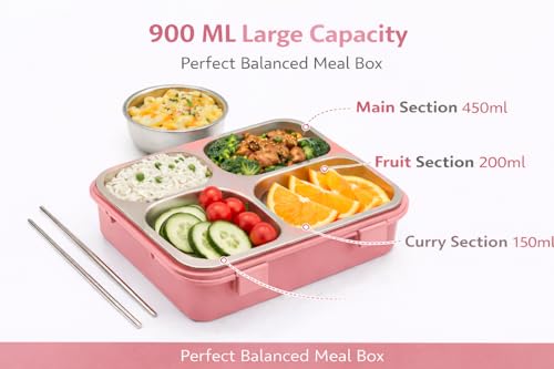 Image of TEC TAVAKKAL 4 Compartment Leak-Proof Lunch Box with Extra Steel Bowl & Lid, 900ML Bento Lunch Box | BPA Free | Includes Spoon, Fork & Chopsticks, Dishwasher Safe, Food Grade Durable Material (Pink)