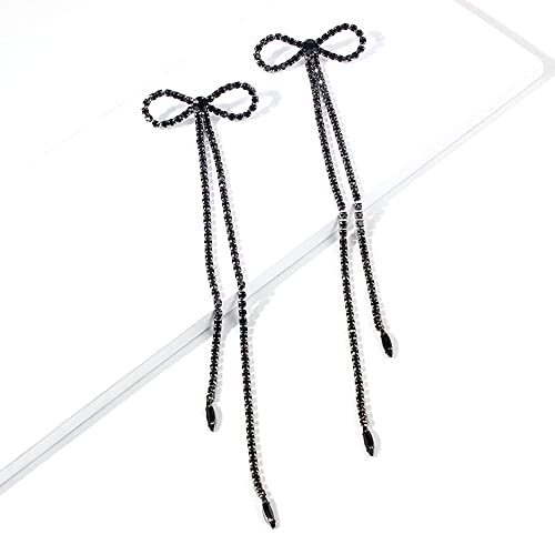 Jumwrit Rhinestone Bow Earrings Extra Long Dangle Earrings Sparkly Tassel Drop Earrings Big Bowknot Stud Earrings For Women Teen Girls (Black) #TOP2
