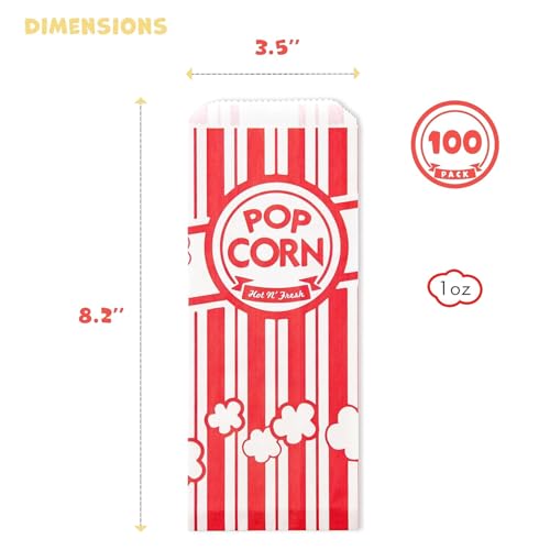 Image of Alitte Paper Popcorn Bags (100-Pack) 1 oz Individual Servings - Leakproof Bottom, Holds 4 Cups of Popcorn - Classic Red and White Stripes, for Movie Night, Carnival, Party, Theater, and Snack Bars