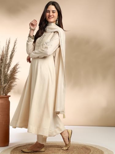 Image of MOKOSH Women's Silk Embroidery Anakrali Kurta Pant with Dupatta | Anarkali Kurta Set | Round Neck Full Sleeve Ethnic Suit | Floral Kurta 7 Colour Option Available | 3 Piece Outfit