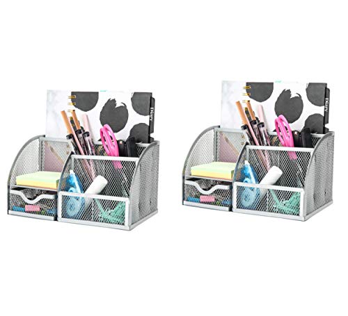 Exerz 2 Pieces Mesh Desk Organizer Office with 7 Compartments + Drawer/Desk Tidy Candy/Pen Holder/Multifunctional Organizer 2-Pack (Silver)