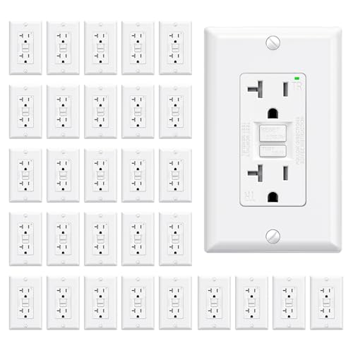ELEGRP GFCI Outlet 20 Amp, Self-Test GFI Electrical Outlet with Narrow Design, Tamper Resistant GFCI Receptacle with LED Indicator, UL Listed, White, Wall Plate Included, 30 Pack -  G1920T-WH30-ELE