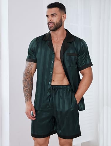 Image of DEARCASE Men's Satin Silk Pajamas Set Classic Button Down Sleepwear 2 Piece | Soft and comfortable silk fabric, lightweight, spliced color sexy lounge wear, short sleeve sleepwear shorts with Pockets