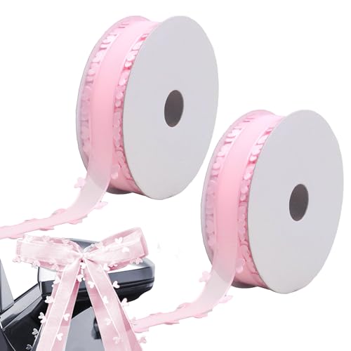 Smavles 2Pcs Cinta con Corazones 25 mm x 18 m,Cinta para Regalo, Cinta Tul, Cinta Decorativa para Coche, Boda, decoración Mesa habitación para Hacer Lazos Antenas del Coche, Joyas para Coche Rosa