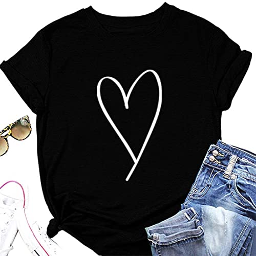 Womens Summer Short Sleeve Heart Graphic Tees Crewneck Casual Pullover Cotton Soft Loose Mother's Day Tops