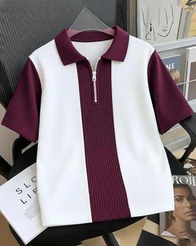 Image of AUSK Men's Textured Vertical Striped Knit Polo T-Shirt | Half Sleeve Zipper Neck Self-Design Casual Tee | Mens Tshirts