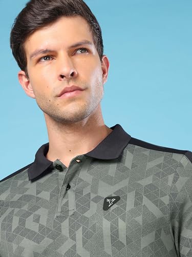 Image of TECHNOSPORT Men's Slim Fit Polyester Sporty Print Athleisure Polo T-Shirt with Half Sleeve, Moisture Wicking and Quick Dry