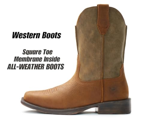 Image of SUREWAY Western Boots - Men's Square Toe Work Boot,Pull On Leather Wellington Boots,Durable Classic Slip Resistant Soft Toe Cowboy Boot