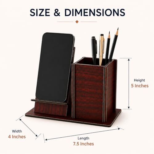 Image of Zesta Wooden Desk Organizer Pen Stand Remote Holder Card Slot | Table Accessory Office Desk Study Room | Pencil Storage Stand Stylish Workspace Decor (Rosewood, Mobile Holder + Pen Holder)