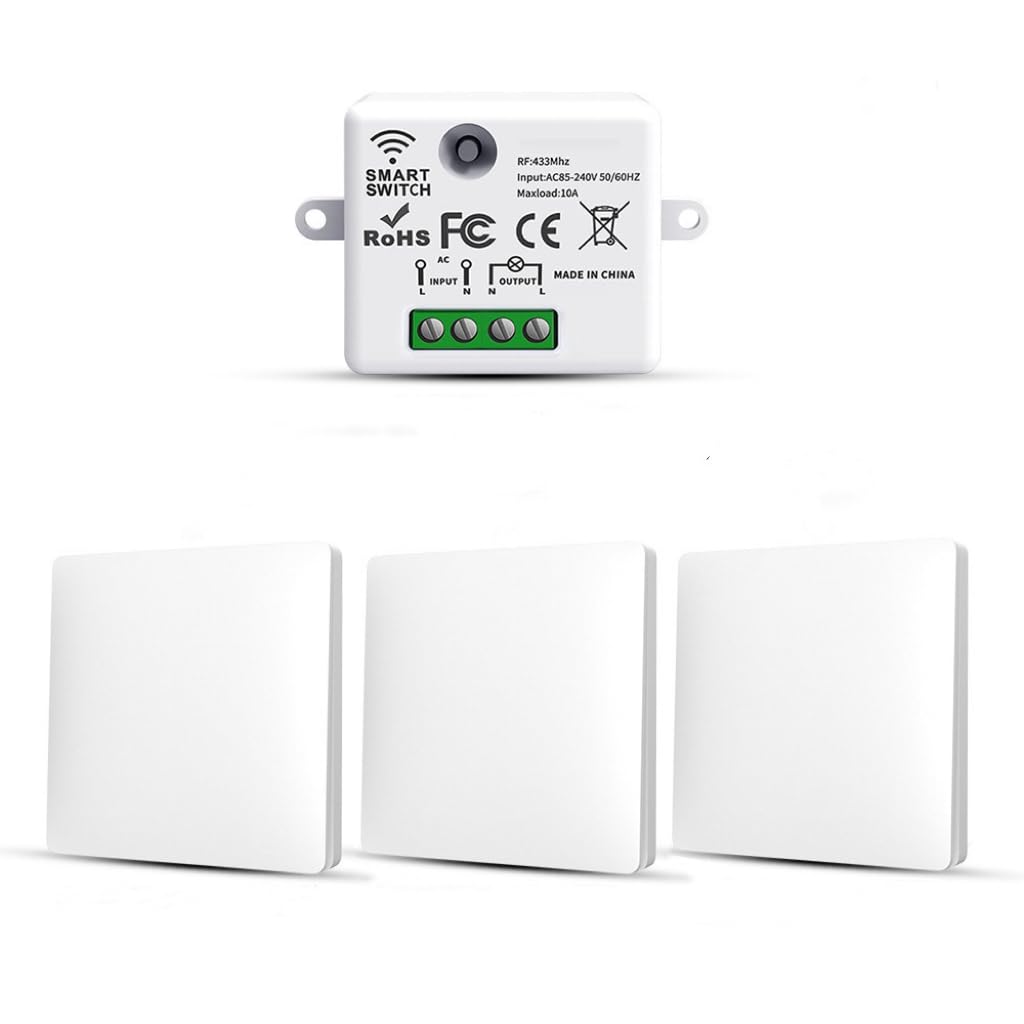 RF433 Funk Lichtschalter Set, Funkschalter Batterielose, Funk-Sender-Sicherheitsschalter und Empfänger-Controller 10A, Funk Schalter 240V, Wandlichtsschalter, Funk-Lichtschalter (3 Way Kit)
