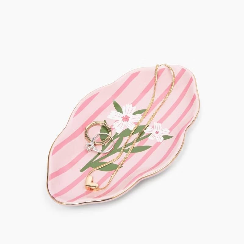 Floral Stripe Trinket Tray, Pink, Ceramic, Decorative Jewelry Dish, Mother's Day Theme