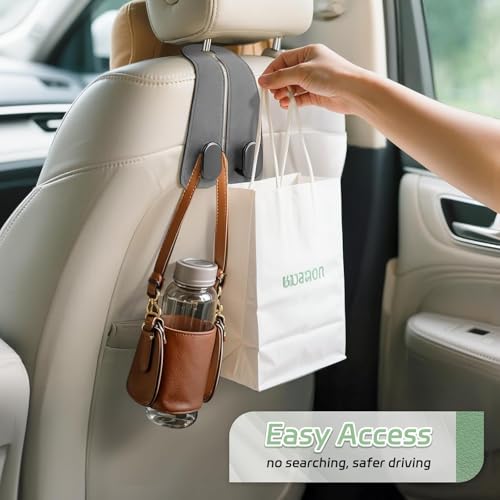 Image of Car Hooks for Headrest, 2Pcs Seat Back Storage Hook Luxurious Leather Multifunctional Car Hanger & Holder for Heatrest, Seat, Bag, Purse Black (2 Pack)