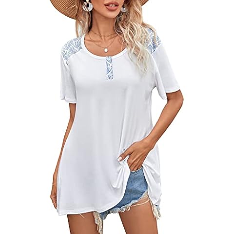 TASAMO Ladies Short Sleeve Tops V-Neck Button Down Jumper Loose Blouses Casual Tunic Tops Henley T Shirts Summer Maternity Tops White S Cover