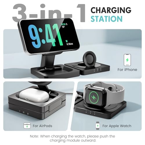 Magnetic Wireless Charger for iPhone: 3 in 1 for Travel 15W Fast Charging Pad Foldable for iPhone 17 16e 16 15 14 13 12 Pro Max - for Apple Watch Ultra and AirPods Series Magnet Multiple Devices,Black