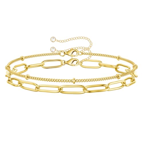 Macachii 2Pcs Gold Bracelets Set for Women 925 Sterling Silver 14K Gold Plated Dainty Layered Paperclip Link & Bead Chain Adjustable Stackable Hypoallergenic Birthday Gifts for Her Wife Mom