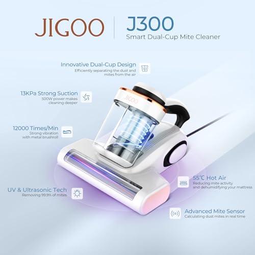 JIGOO J300 Milbensauger mit Staubmilben-Sensor und Intelligenter LED-Anzeige, 500W Milbenstaubsauger mit UV-Licht, Ultraschall, Für Allergiker, entfernt 99,9% Allergene von Matratzen, Betten und Sofas