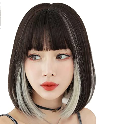 Aiko Pro Korean Fashion 13 Inch Straight Short Bob Wig For Women, Natural Shoulder-Length Straight Synthetic Short Lolita Cosplay Wigs With Bangs For Cosplay And Daily Wear D123 Black & White #TOP4