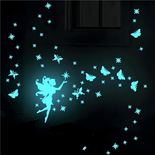 Stickers Phosphorescent Fée et Étoiles, Stickers Chambre pour Enfant, Fluorescents Lumineux Plafond, Décoration pour Chambre Bébé Miroir Fairy-Blue