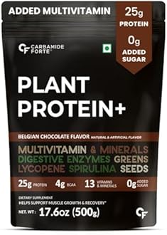 Carbamide Forte Plant Protein Powder - Plant Based Protein Powder with Multivitamin, Minerals, Superfoods, Pea Protein, Digestive Enzymes | Plant Protein Powder - Belgian Chocolate Flavour - 500g