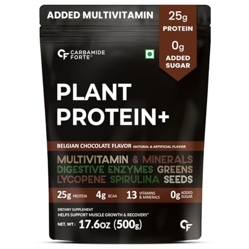 Carbamide Forte Plant Protein Powder - Plant Based Protein Powder with Multivitamin, Minerals, Superfoods, Pea Protein, Digestive Enzymes | Plant Protein Powder - Belgian Chocolate Flavour - 500g