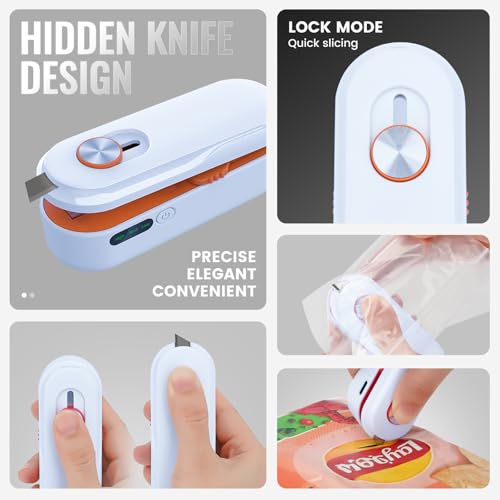 Image of 2-in-1 Mini Bag Sealer with Knife, Rechargeable Heat Sealer, 3 Modes for Light /Medium /Heavy Bags, Portable Snack Sealer