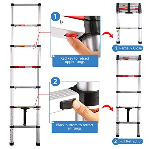 Meanfun 6.5 Ft Aluminum Telescoping Ladder, One-Button Retraction Collapsible Extension Ladder For Homeowners Diys, Portable Telescopic Ladder With Anti-Pinch And Anti-Slip Design, 330 Lb Capacity #TOP2