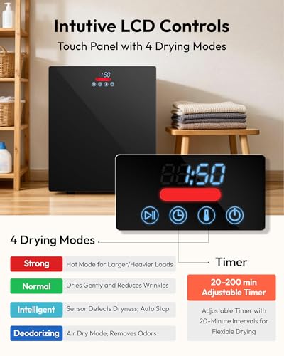 Image of EUHOMY 1.5 Cu.ft Portable Dryer with 4 Drying Programs, 5.5lbs Clothes Capacity, Mirror Finish & LCD Panel, 850W Portable Clothes Dryer for Apartment, Dorm & RV, Black