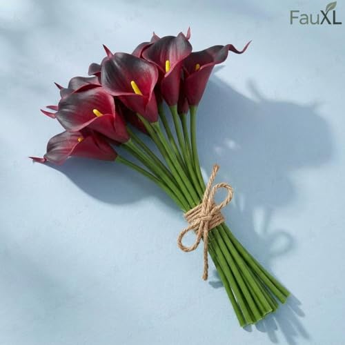 Image of 10 Pcs Artificial Calla Lily Flowers Bunch for Vase and Flower Pots- Premium Real-Look Faux Lily Stems for Home Decor, Living Room, Bedroom, Office Decoration (Vase not Included) (Dark-Maroon)