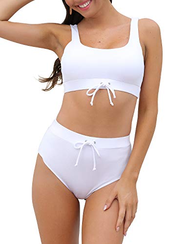 Blooming Jelly Womens High Waisted Bikini Set Scoop Neck Ribbed Drawstring Two Piece Swimsuits Bathing Suits(XL,White)