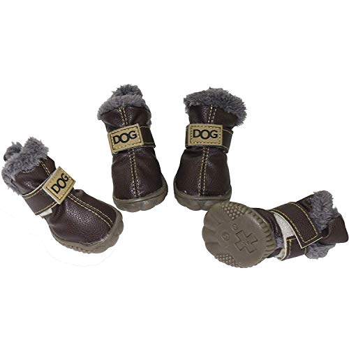 Besuntek Dog Boots Waterproof Shoes Pet Shoes Winter Warm Skid Proof Sneakers Anti-Slip Sole Paw Protectors Small Puppy Shoes 4Pcs (4#-Paw L*W=1.89" X 1.65", Brown) #TOP4