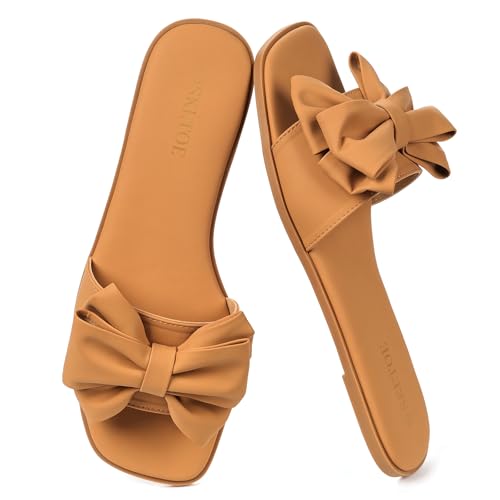 Image of Women's Bow Flat Sandals Open Saquare Toe Comfortable Slide for Wedding Beach Vacation