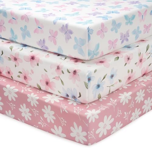 FIEMOL Baby Spannbettlaken 60x120cm Babybett Spannbetttuch, 3er-Pack Mikrofaser Bettlaken Für babybetten, Ultrasanft & Seidigglatt Bettlaken Rosa Schmetterlingsblume