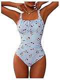 BEAUDRM Women's Boho Floral Print One Piece Swimsuit Y2K Bathing Suits Swimwear Beachwear Blue Cherry Large