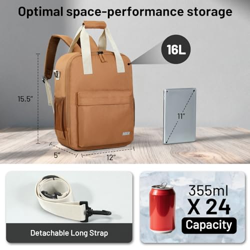 Image of MIER Small 16L Insulated Cooler Backpack with Removable Divider, Lightweight Soft Wine Cooler Bag for Beach Travel Work Picnics Camping, Portable Lunch Backpack for Men Women, Brown