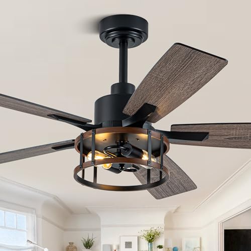 Image of Dawn Whisper Farmhouse Ceiling Fans with Lights 52 Inch Black Caged Rustic Ceiling Fan for Bedroom Living Room and Patio Reversible Quiet DC Motor 6 Speeds
