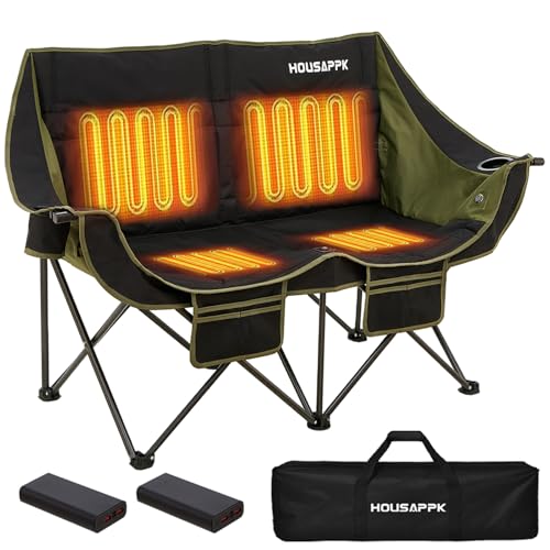 Heated Camping Chair with 2 Power Bank Oversized Heated Double Camping Chair for Adults 2 People Folding Outdoor Sports Chairs for Lawn Hunting and Picnic Supports 800 lbs