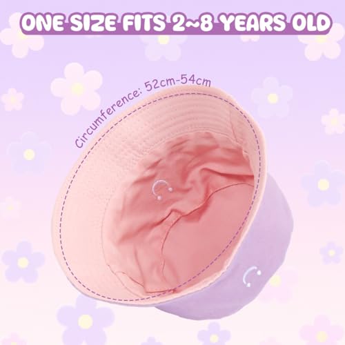 O-Kinee Sonnenhut Kinder,Anglerhut mit Lächeln Mädchen,Fischerhut Faltbar,Sommerhut Outdoor für Mädchen und Jungen,Doppelseitiger Bucket Hat für Kinder von 2–8 Jahren,Rosa und Lila