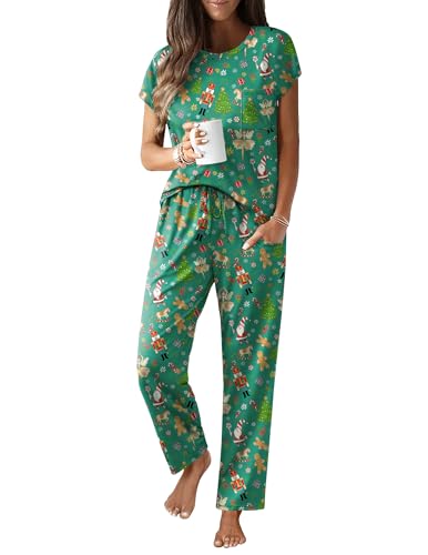 Image of Ekouaer Womens Pajama Sets Cap Sleeve Sleepwear Tops and Long Pants Comfy Pjs 2 Piece Lounge Set with Pockets Green Christmas Small
