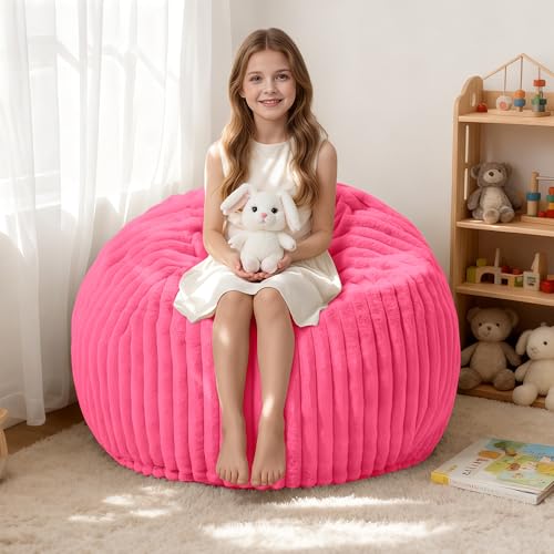 Image of HABUTWAY 2FT Bean Bag Chair, 2' Bean Bag Chairs with Memory Foam Filled, Small Comfy Beanbag Chair with Stripe Plush Cover for Living Room Bedroom Dorm,Pink
