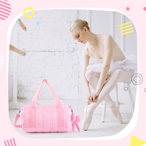 Image of 12.8 Inches Quilted Puffer Ballet Dance Bag Cute Tote Bag with Hanging Bow Pendant for Travel Dancing Dress