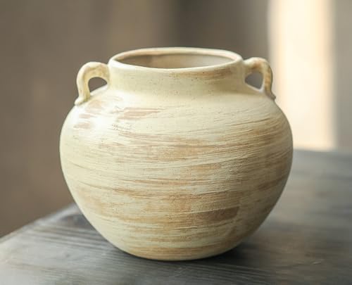 CozyWel Handmade Beige White Two-Ear Ceramic Vase, Textured Pottery Vase with Two Ears for Centerpieces, Kitchen, Living Room, Bedroom Decor Gifts (Beige White, Short)