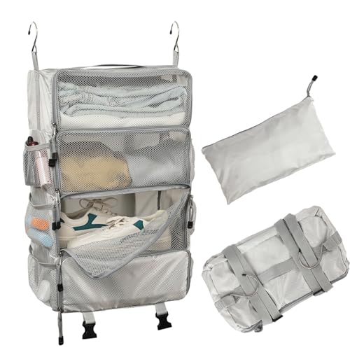 TABITORA Travel Luggage Organizer insert Hanging Packing Cubes for Suitcase Carry on Closet Hanging Shelves Folding(Grey,M)